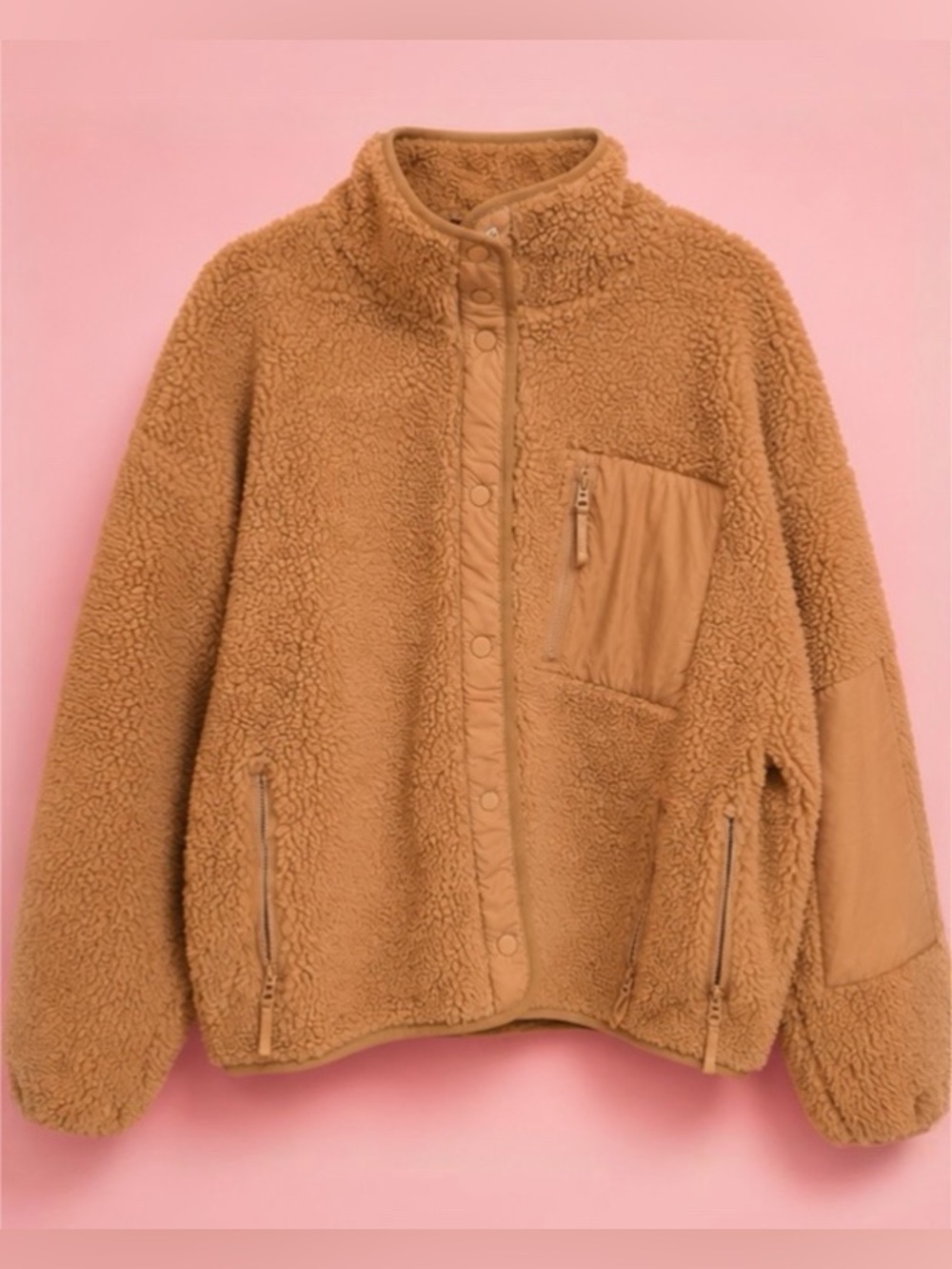 Fabletics Camel Teddy Jacket with Snap & Zip Pockets